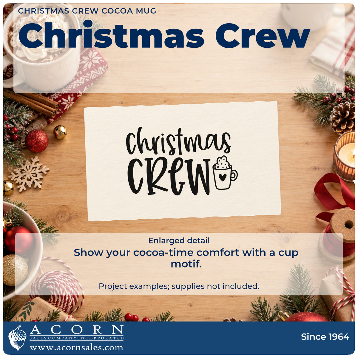 Enlarged detail of the Premium Wooden Christmas Crew Cocoa Mug With Hearts Stamp – Vintage Pro imprint. The words "Christmas crew" sit beside a whipped cocoa mug with a heart.