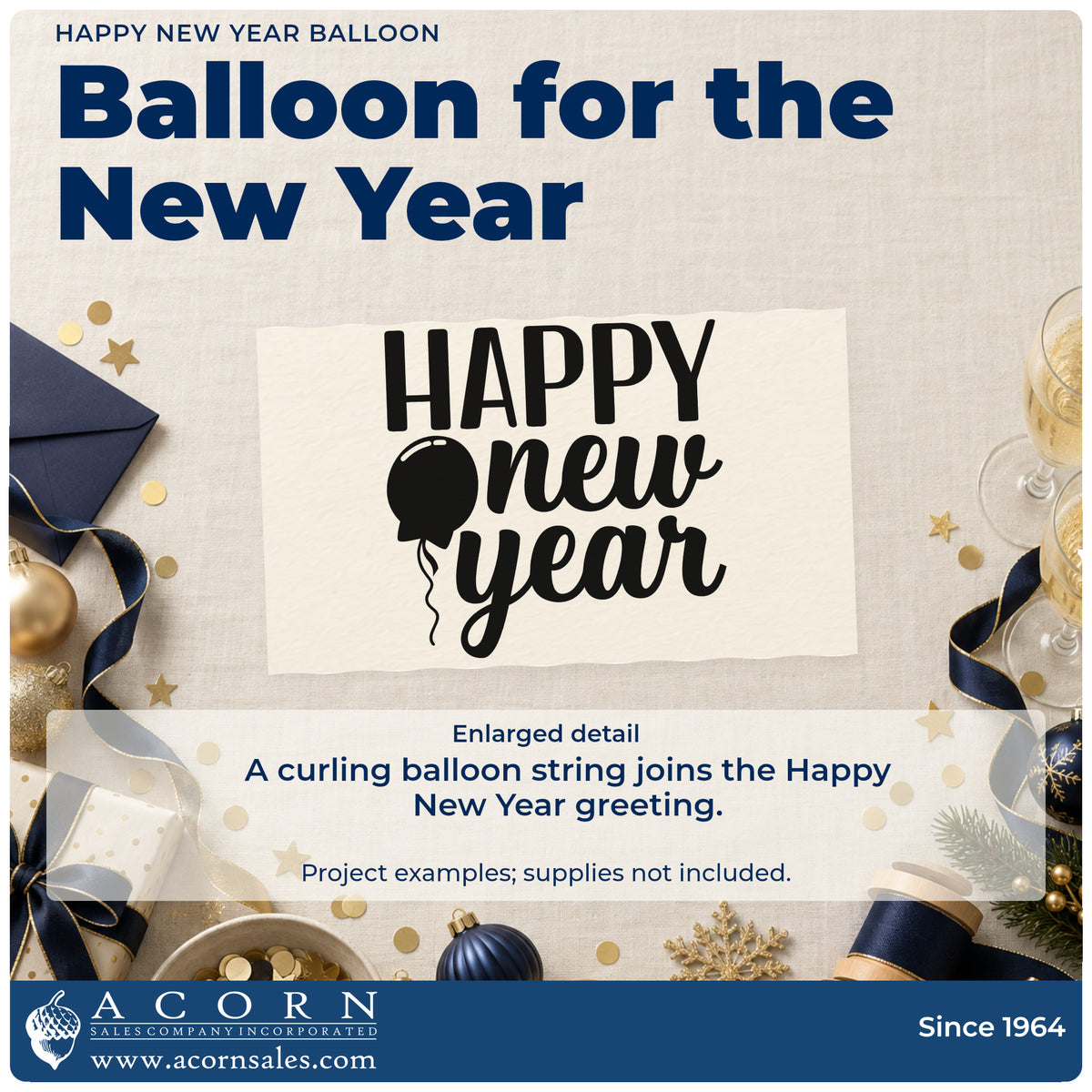 Enlarged detail of the Wood Handle Happy New Year Balloon Rubber Stamp imprint. The greeting "Happy new year" includes a balloon with a curling string.
