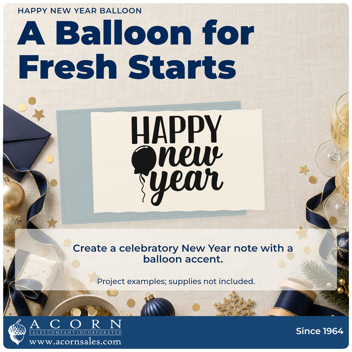 A finished handmade project stamped with the Happy New Year Balloon Premium Wooden Stamp – Vintage Pro, ideal for countdown invitations.