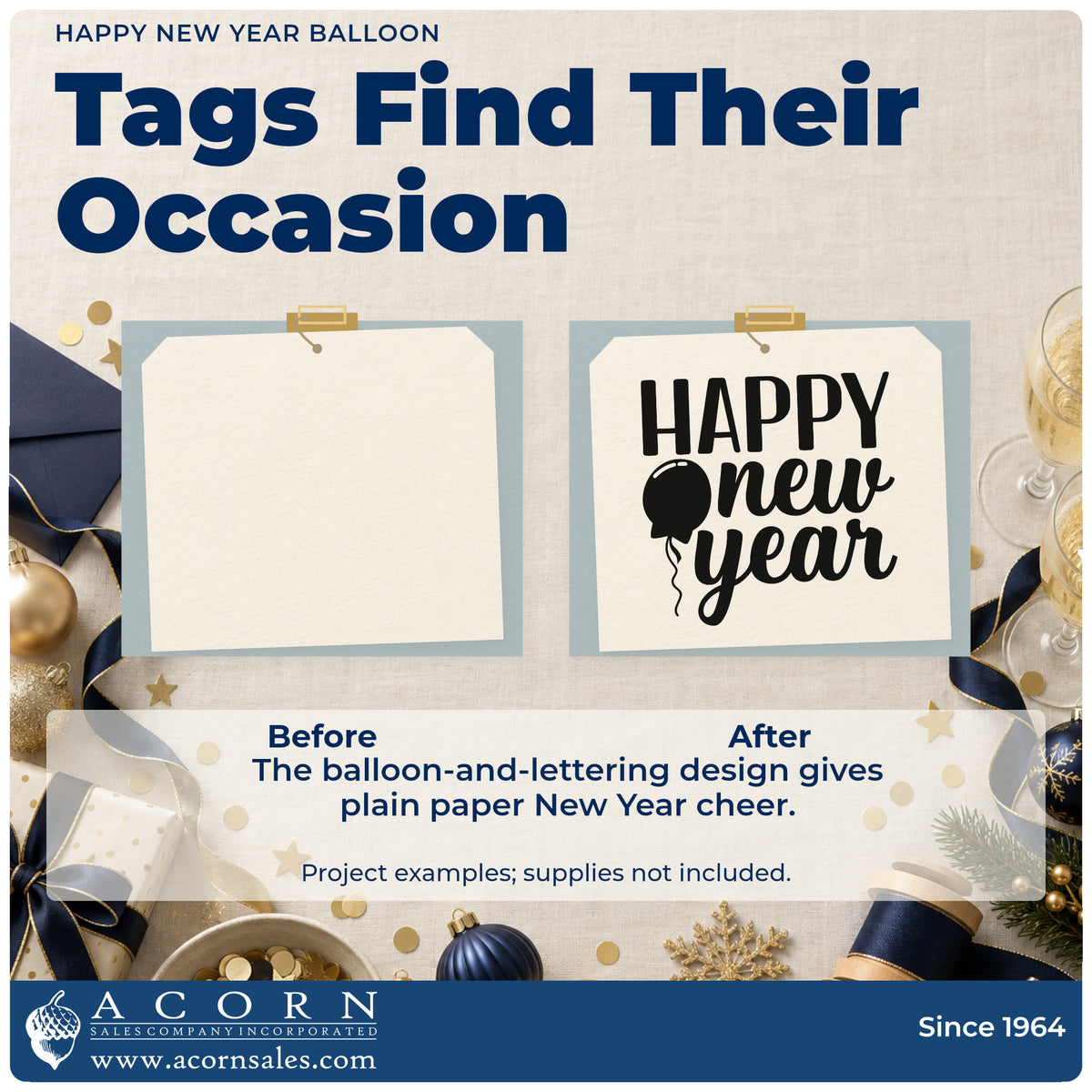 Before and after of a plain item finished with the Wood Handle Happy New Year Balloon Rubber Stamp, a quick upgrade for kids' countdown crafts.