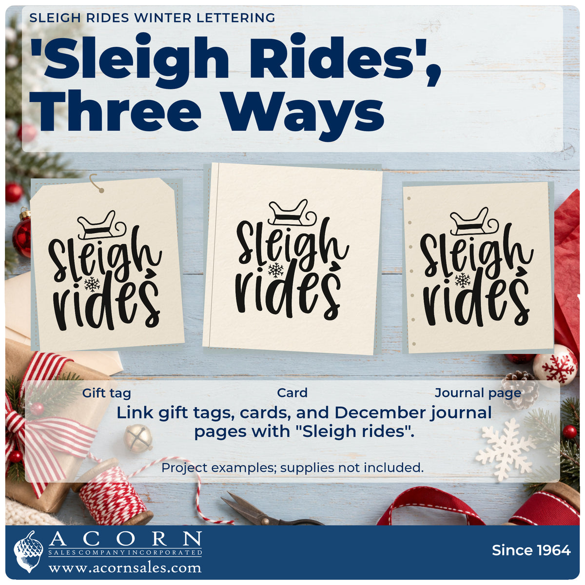 Three project examples made with the Sleigh Rides Winter Word Art Stamp – Premium Vintage Pro Wooden, including trail report sheet.