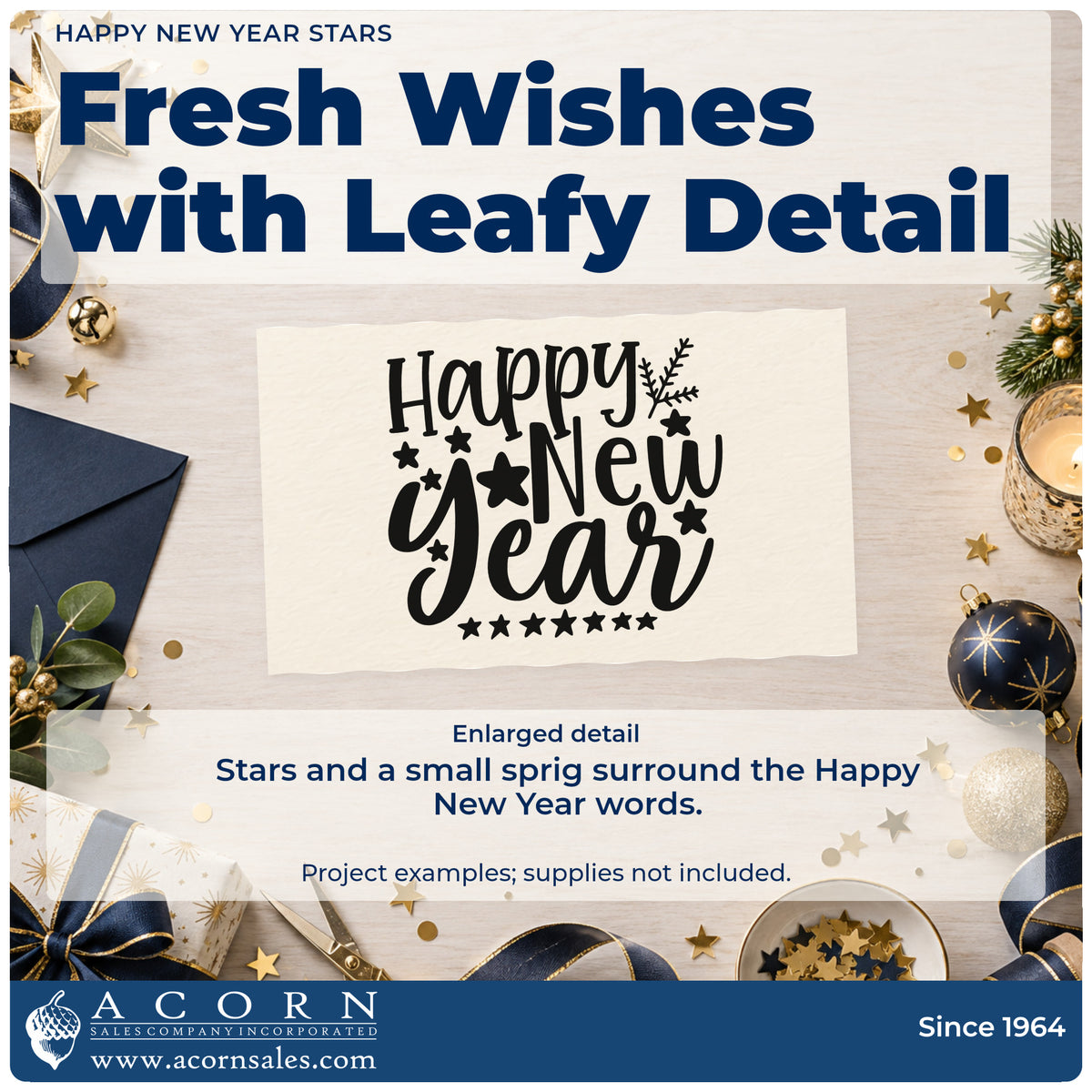Enlarged detail of the Happy New Year Stars Rubber Stamp – Wood Handle imprint. The words "Happy new year" are surrounded by stars and a small leafy sprig.