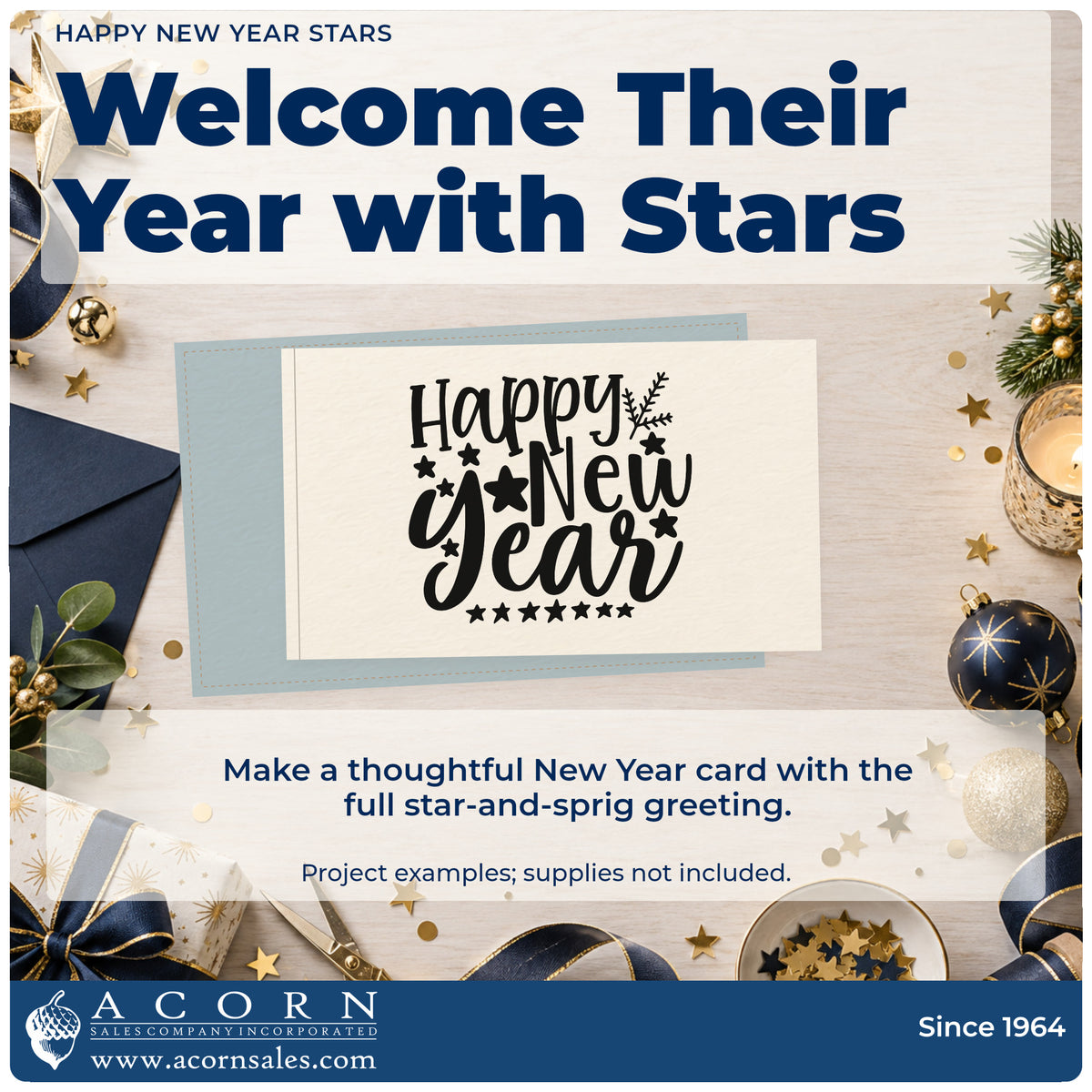 A finished handmade project stamped with the Vintage Pro Happy New Year Stars Premium Wooden Stamp, ideal for january album page.