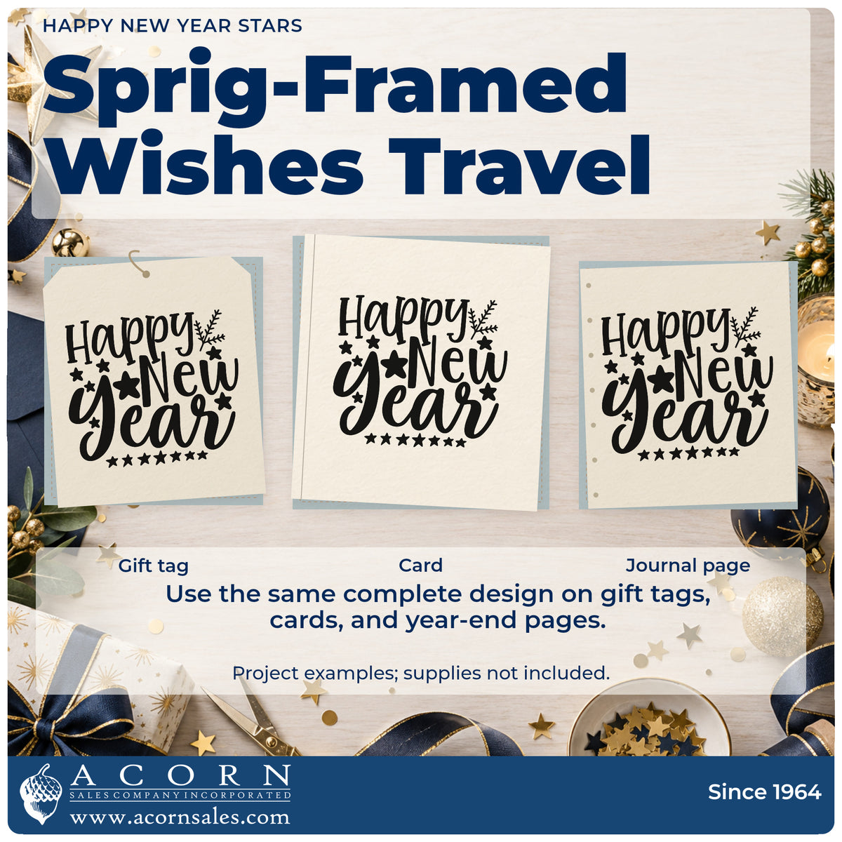 Three project examples made with the Vintage Pro Happy New Year Stars Premium Wooden Stamp, including goal setting sheet.