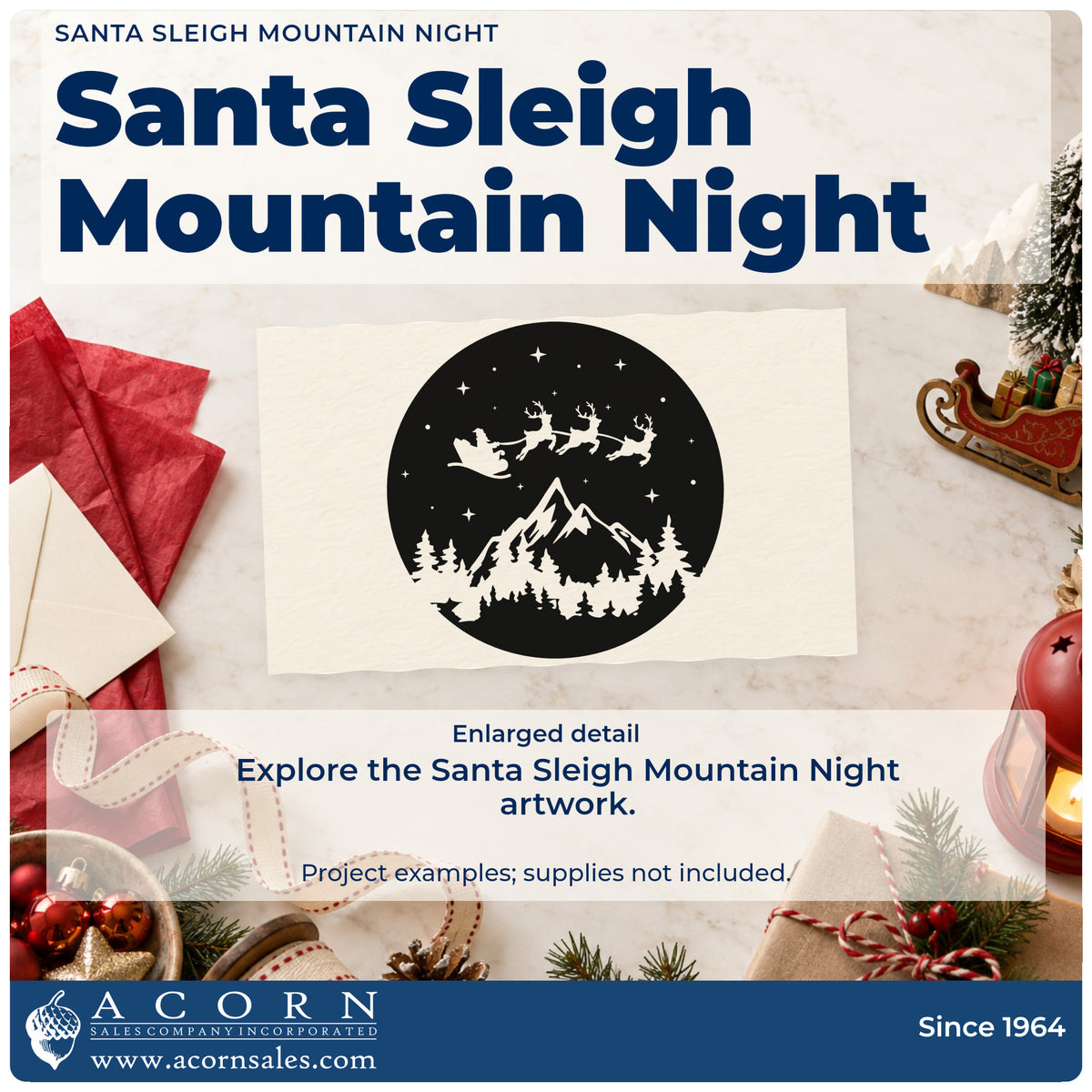 Enlarged detail of the Santa Reindeer Mountain Night Pine Motif Pre-Inked Stamp – Slim imprint. Santa and reindeer fly above mountains and pine trees inside a starry circular night scene.