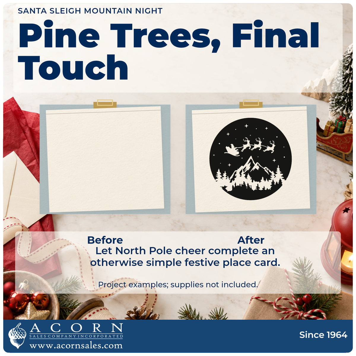 Before and after of a plain item finished with the Santa Reindeer Mountain Night Pine Motif Stamp – Self-Inking, a quick upgrade for framed porthole mat.