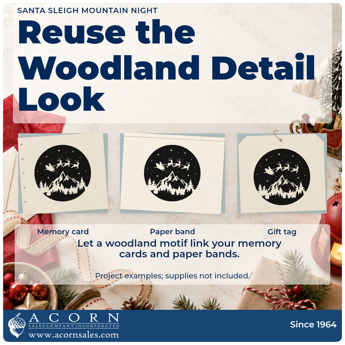 Three project examples made with the Santa Reindeer Mountain Night Pine Motif Rubber Stamp – Duo Hand, including star log sheet.