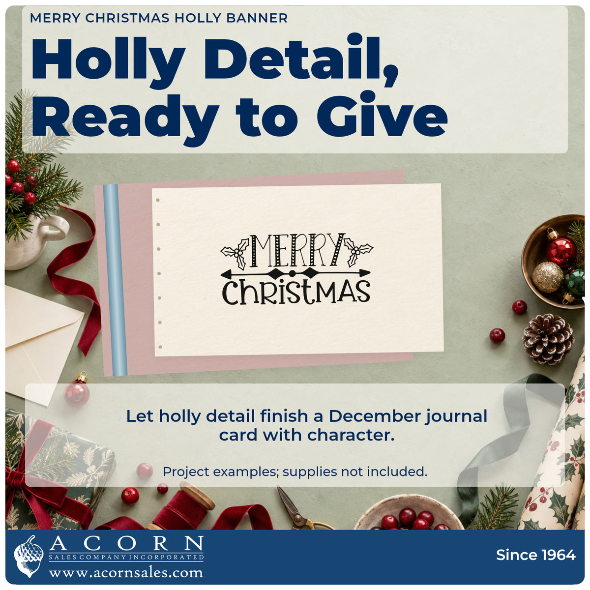 A finished handmade project stamped with the Merry Christmas Holly Banner Slim Pre-Inked Stamp, ideal for rule album page.
