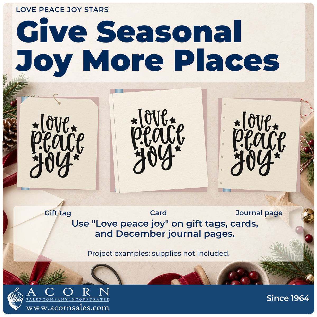 Three project examples made with the Love Peace Joy Star Accents PSI Pre-Inked Stamp, including priority list sheet.