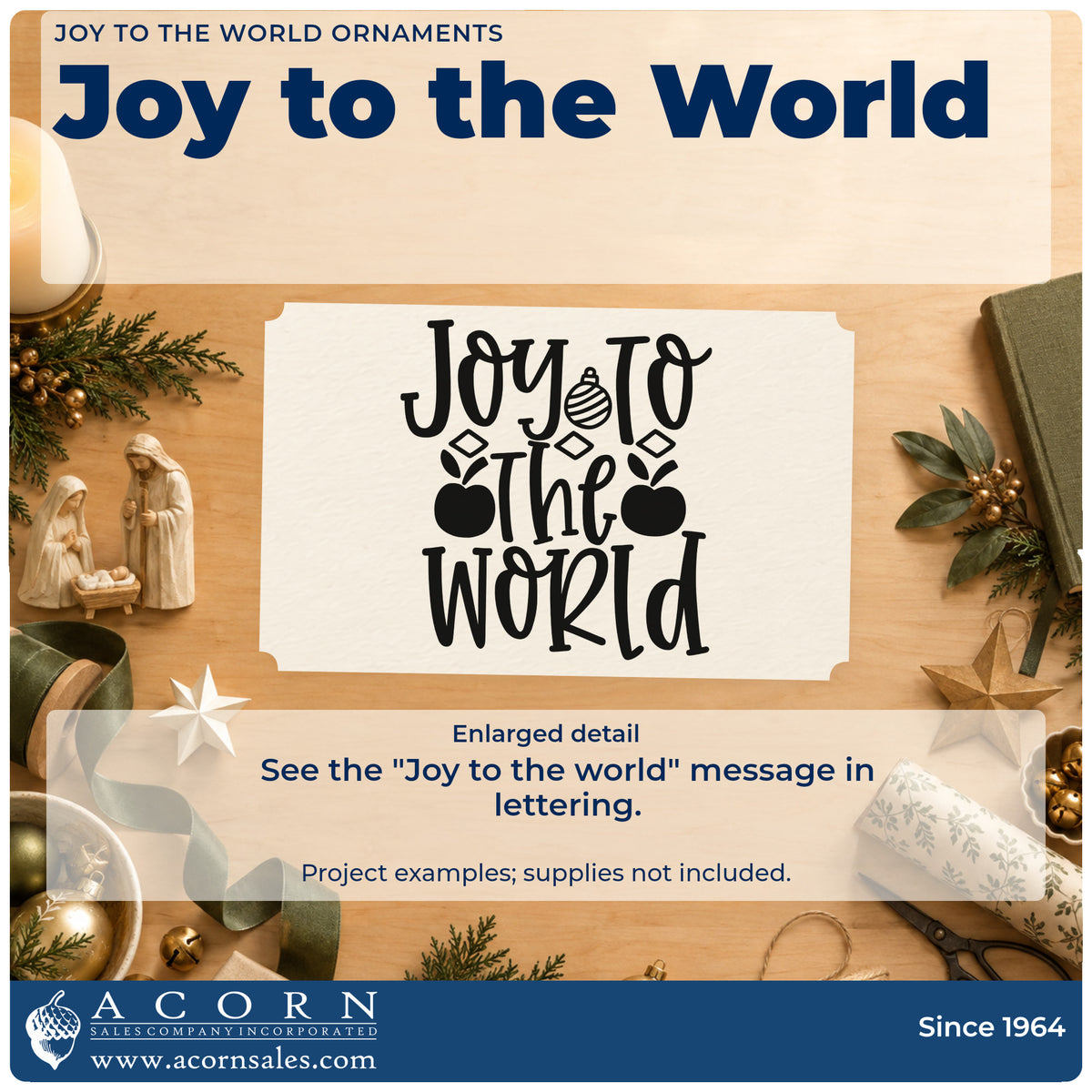 Enlarged detail of the Joy To The World Ornaments Pre-Inked Stamp – PSI imprint. The words "Joy to the world" include hanging ornaments and diamond accents.