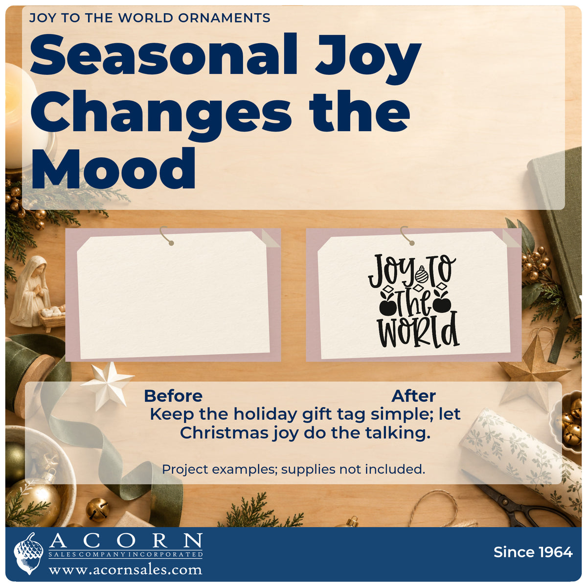 Before and after of a plain item finished with the Joy To The World Ornaments Pre-Inked Stamp – PSI, a quick upgrade for framed window hang.
