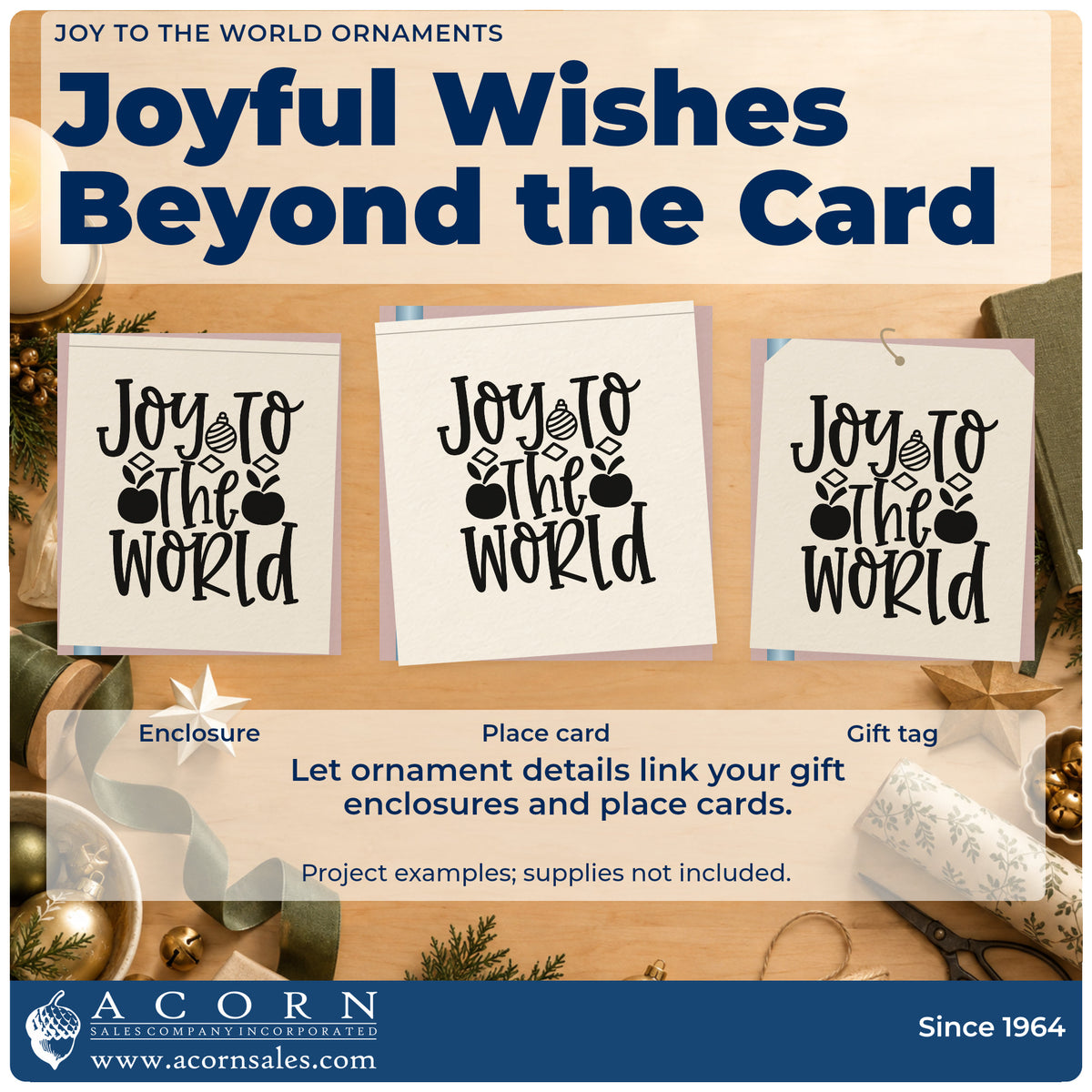 Three project examples made with the Joy To The World Ornaments Premium Wood-Mounted Stamp – Vintage Pro, including inventory count sheet.