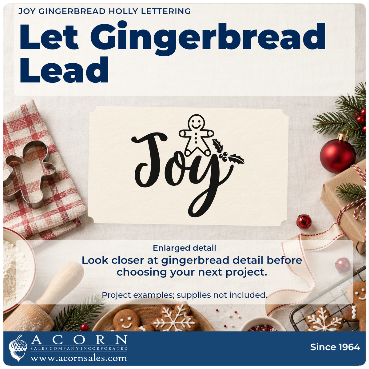 Enlarged detail of the Premium Wooden Joy Gingerbread Holly Word Art Stamp – Vintage Pro imprint. A gingerbread figure and holly sprig decorate the large script word "Joy."