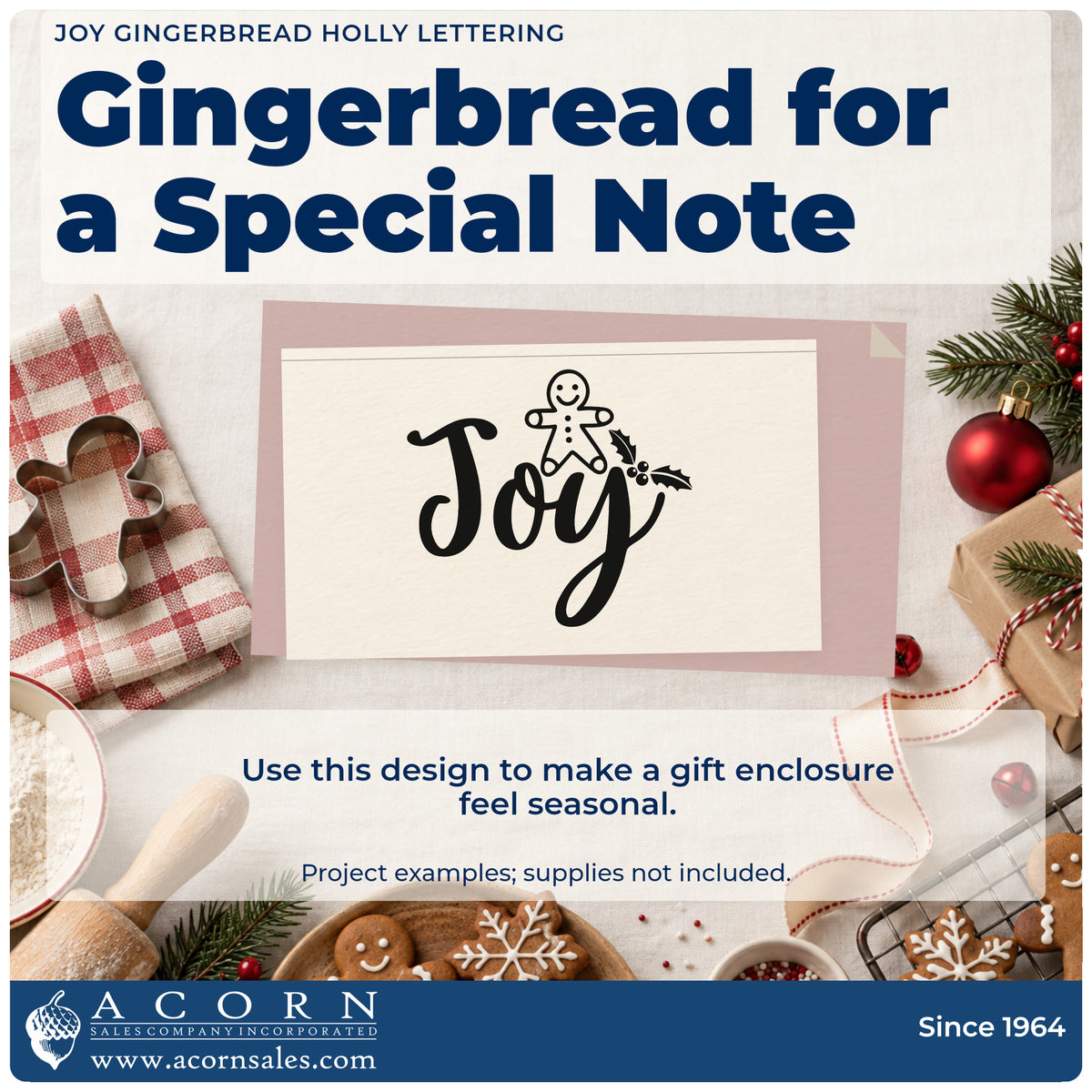 A finished handmade project stamped with the Joy Gingerbread Holly Word Art Rubber Stamp – Wood Handle, ideal for baking album page.