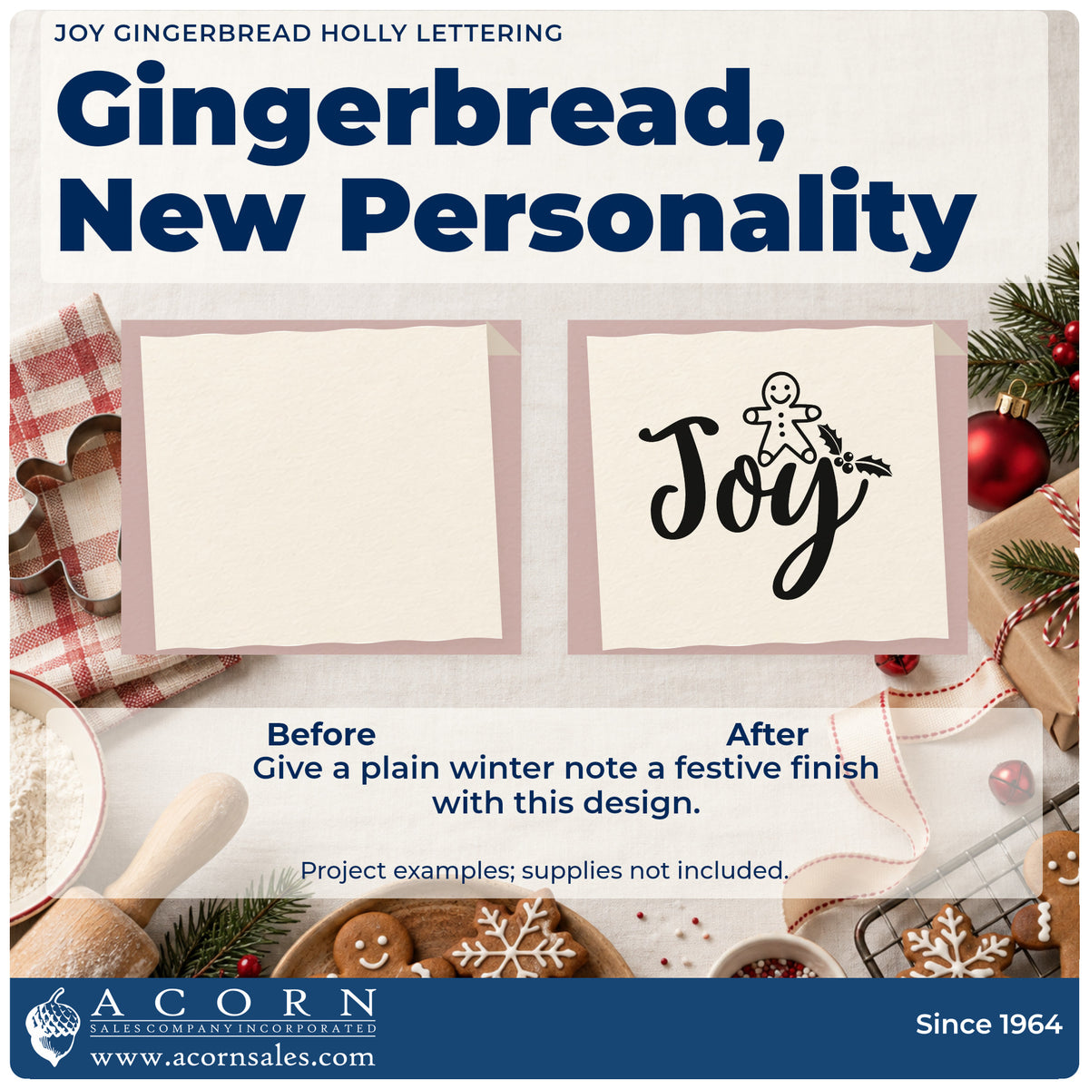 Before and after of a plain item finished with the Joy Gingerbread Holly Word Art Hand Stamp – Duo, a quick upgrade for framed spice rack.