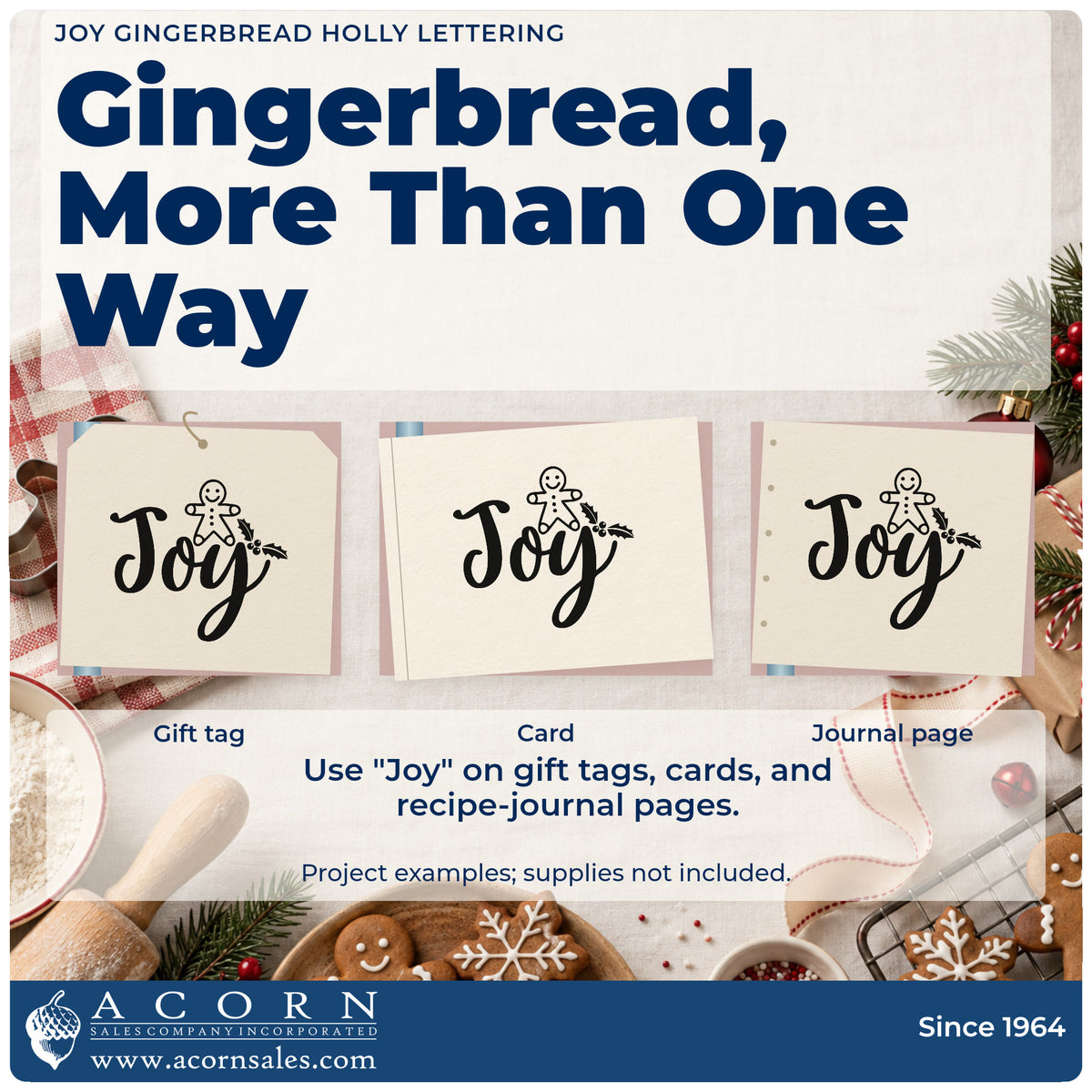 Three project examples made with the Joy Gingerbread Holly Word Art Rubber Stamp – Wood Handle, including spice blend sheet.