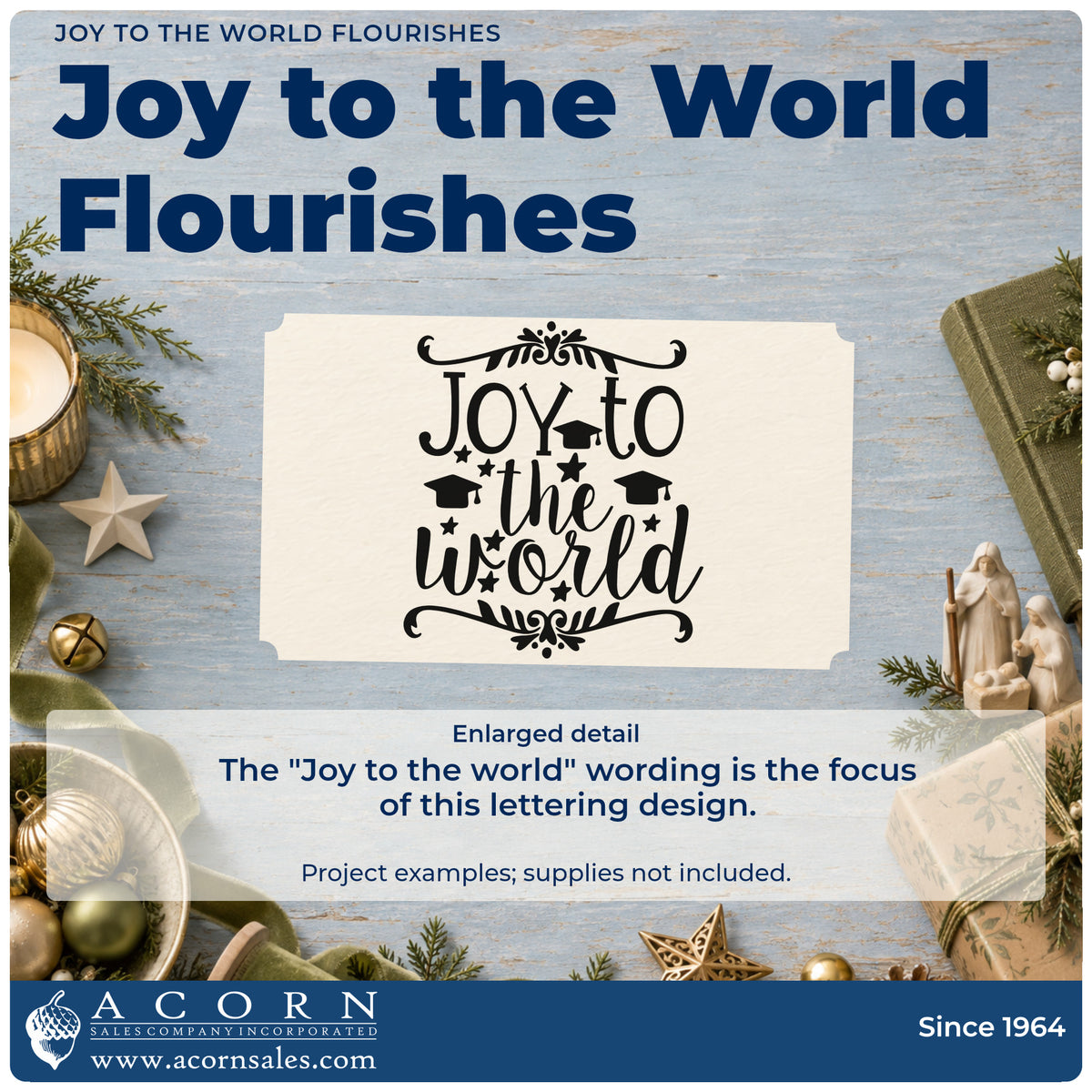 Enlarged detail of the Joy To The World Flourishes Self-Inking Stamp imprint. The words "Joy to the world" appear with stars, small graduation-cap shapes, and leafy flourishes.