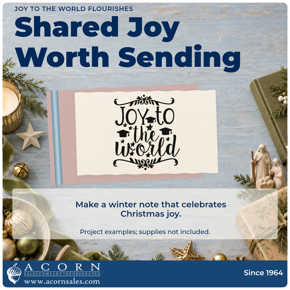 A finished handmade project stamped with the Joy To The World Flourishes Rubber Stamp – Duo Hand, ideal for grad album page.
