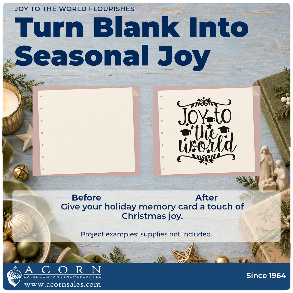 Before and after of a plain item finished with the Joy To The World Flourishes Rubber Stamp – Duo Hand, a quick upgrade for framed diploma wall.