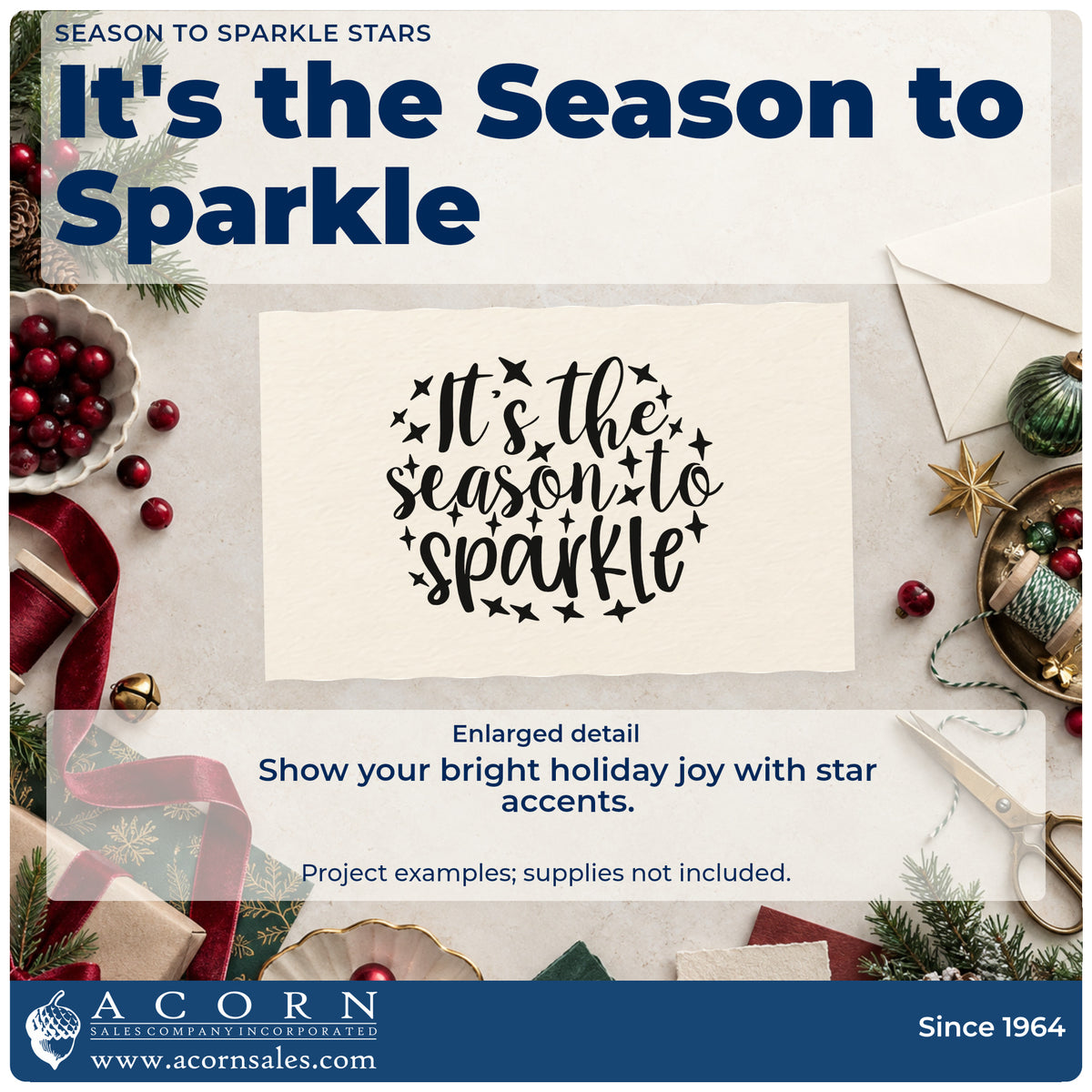 Enlarged detail of the Season To Sparkle Stars Duo Hand Stamp imprint. The words "It's the season to sparkle" are surrounded by assorted stars.