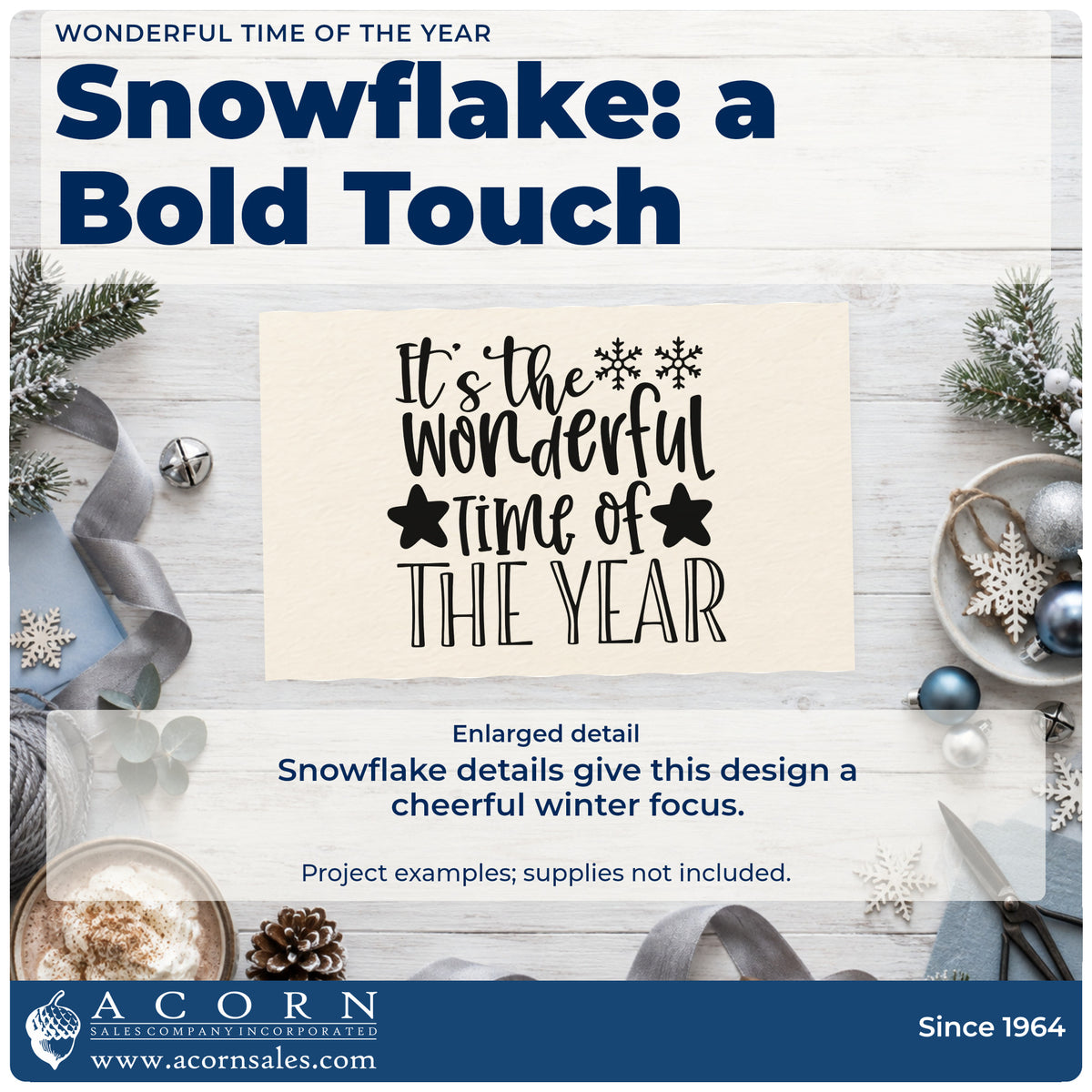 Enlarged detail of the It's The Wonderful Time Of The Year Rubber Stamp – Duo Hand imprint. The phrase "It's the wonderful time of the year" appears with snowflakes and solid stars.