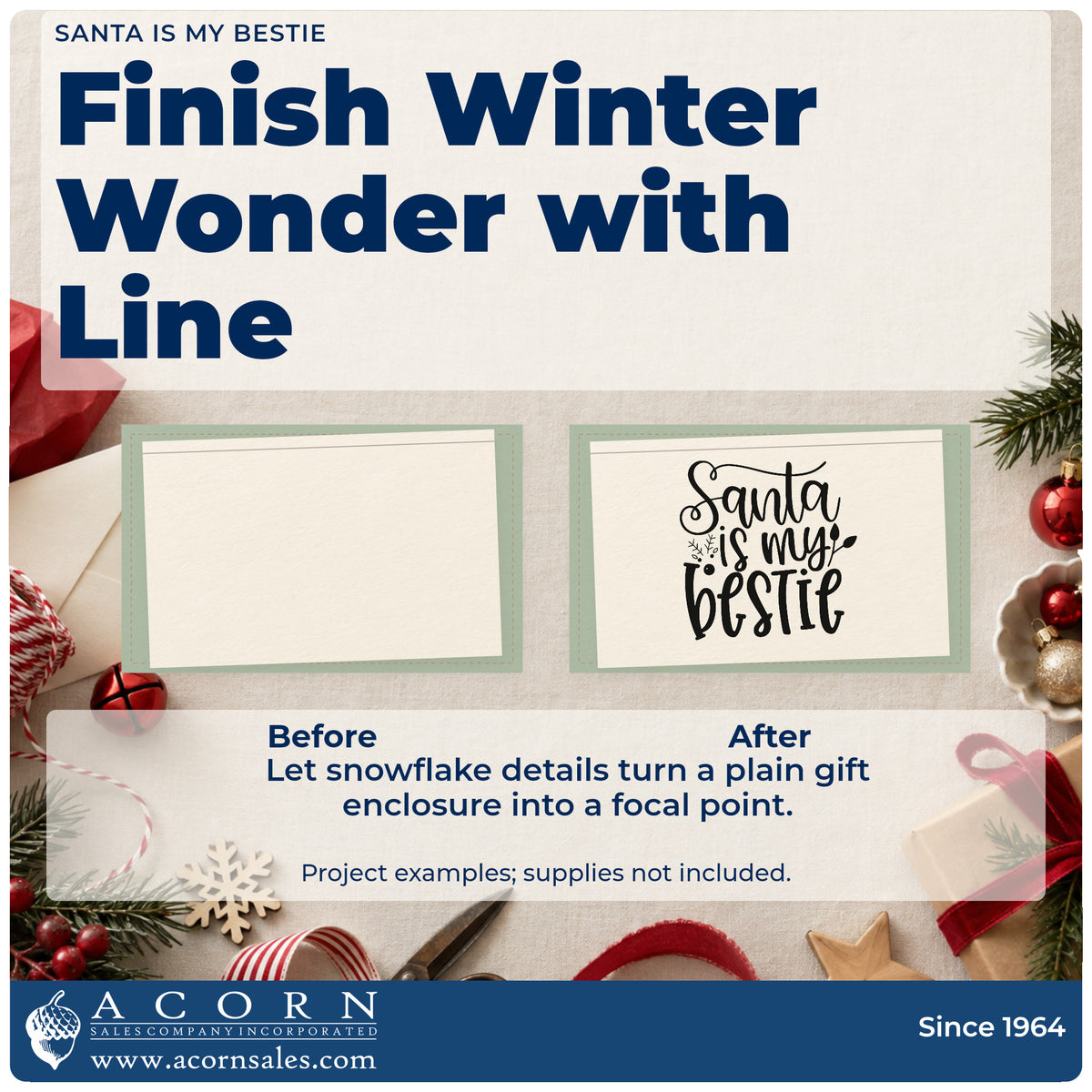 Before and after of a plain item finished with the Santa Is My Bestie Snowflakes Premium Wooden Stamp – Vintage Pro, a quick upgrade for framed group photo.