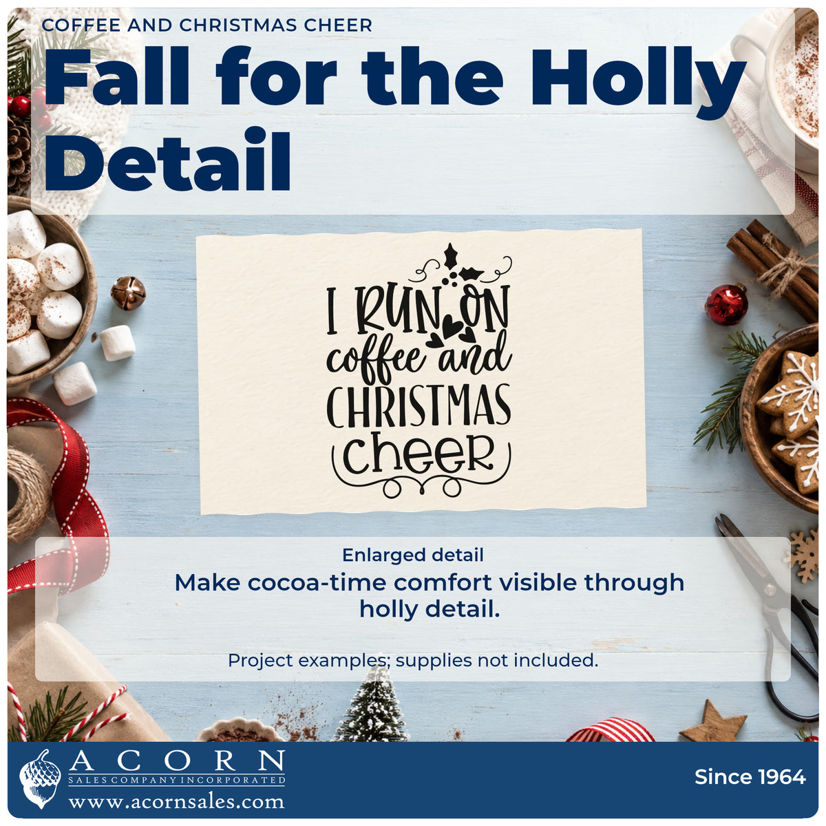 Enlarged detail of the I Run On Coffee And Christmas Cheer Premium Wooden Stamp – Vintage Pro imprint. The phrase "I run on coffee and Christmas cheer" is framed by holly and curling flourishes.
