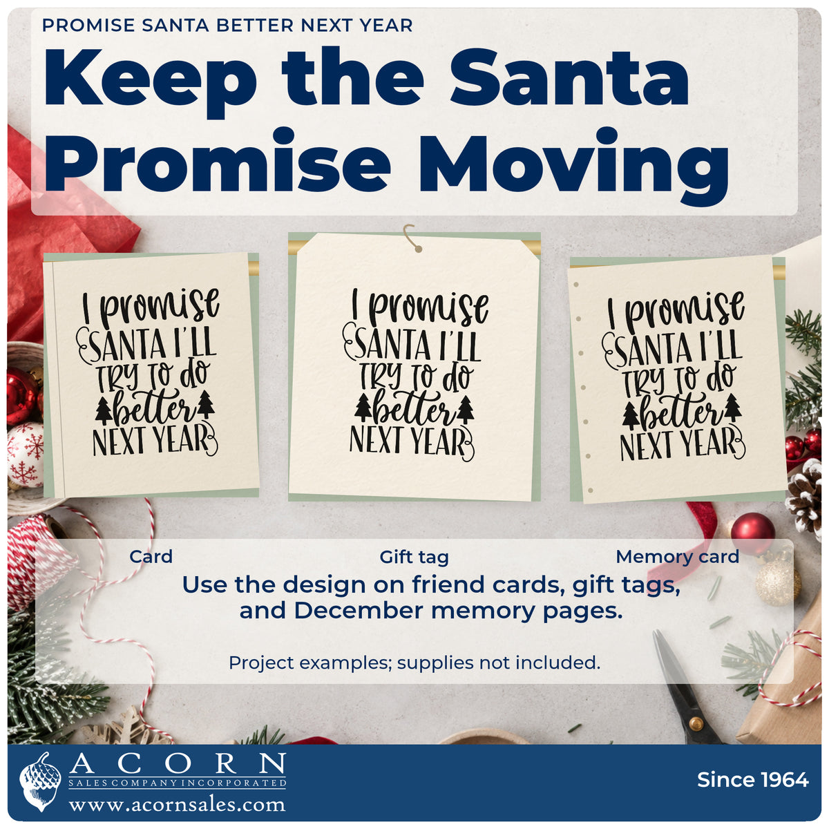 Three project examples made with the Promise Santa Better Next Year Rubber Stamp – Duo Hand, including commitment list sheet.