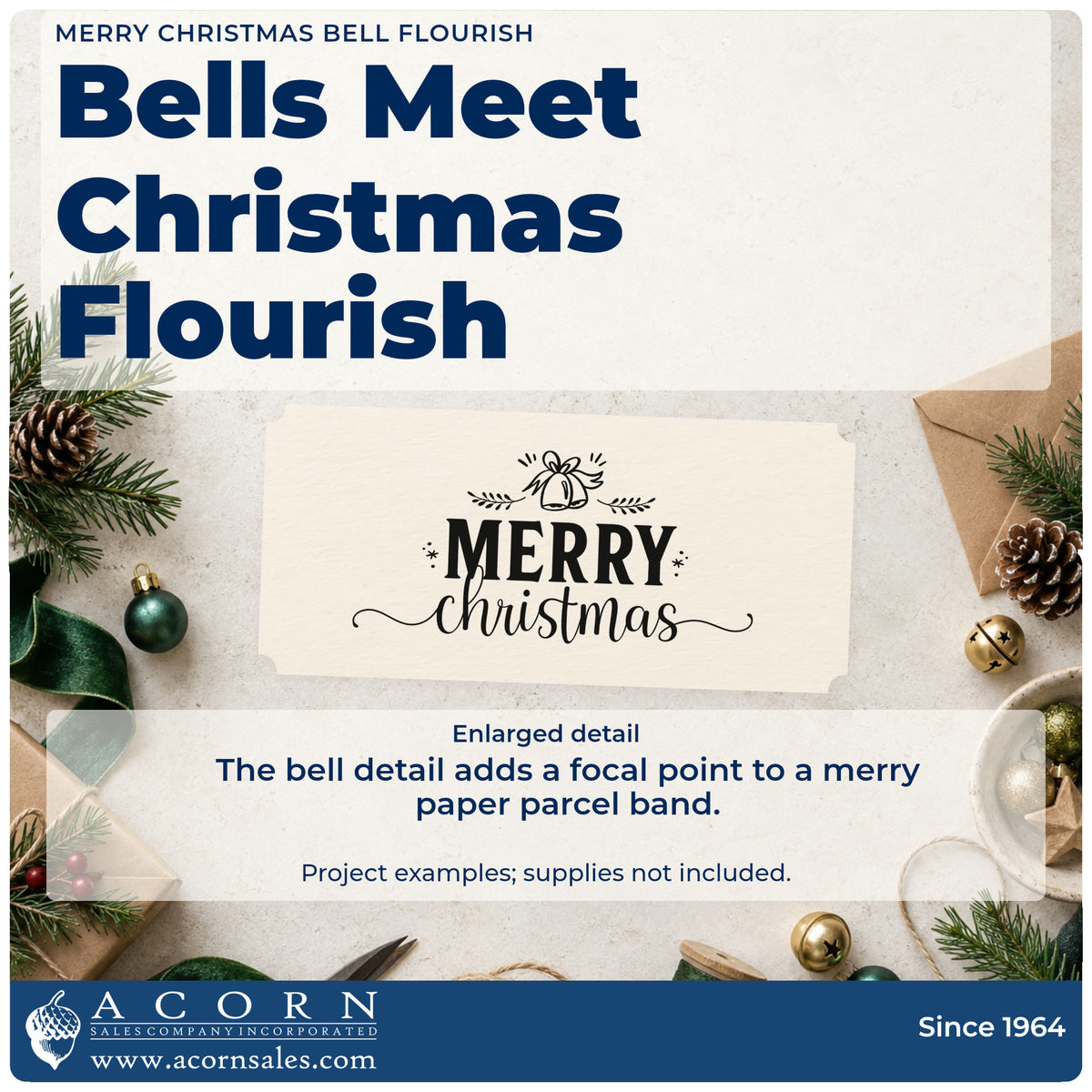 Enlarged detail of the Merry Christmas Bell Flourish Self-Inking Stamp imprint. A ribboned bell and evergreen sprigs top "Merry Christmas" with flowing underline flourishes.