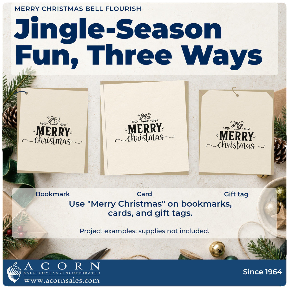 Three project examples made with the Merry Christmas Bell Flourish Slim Pre-Inked Stamp, including top bottom sheet.