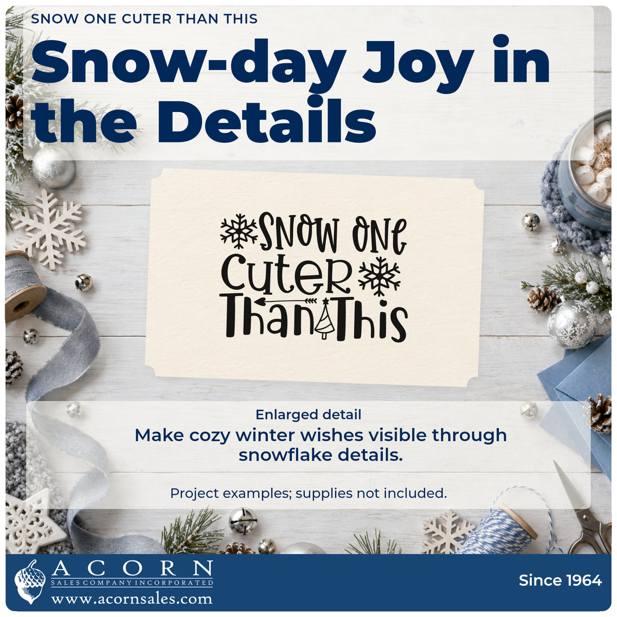 Enlarged detail of the Premium Wooden Snow One Cuter Than This Tree Motif Stamp – Vintage Pro imprint. The phrase "Snow one cuter than this" includes two snowflakes, an arrow, and a tiny tree.