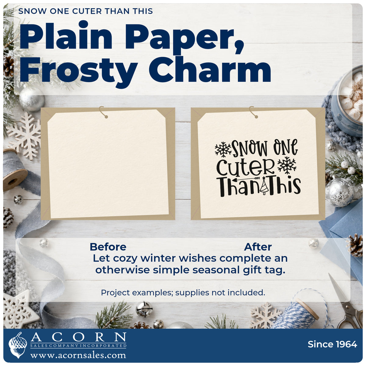 Before and after of a plain item finished with the Premium Wooden Snow One Cuter Than This Tree Motif Stamp – Vintage Pro, a quick upgrade for framed photo ledge.