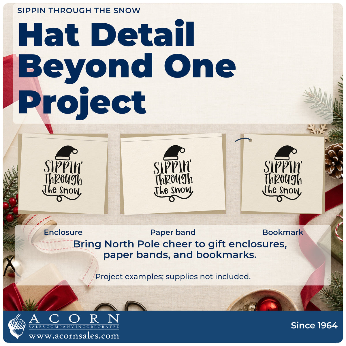 Three project examples made with the Sippin' Through The Snow Hat Wood Handle Stamp, including batch jug tags.