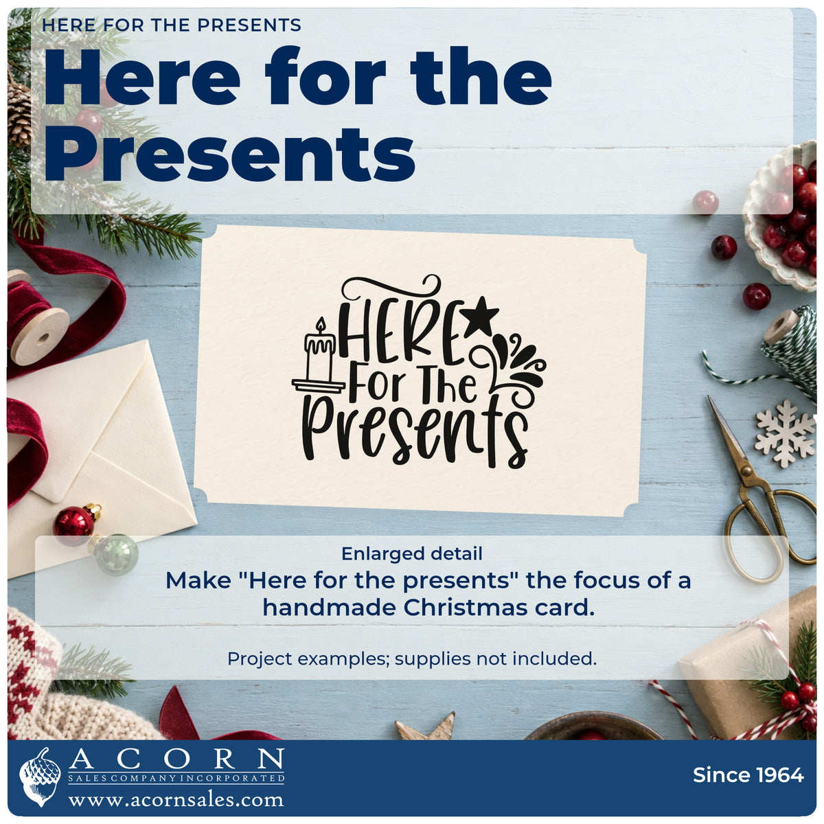 Enlarged detail of the Here For The Presents Candles Pre-Inked Stamp – Slim imprint. The words "Here for the presents" appear with a candle, star, and decorative splashes.
