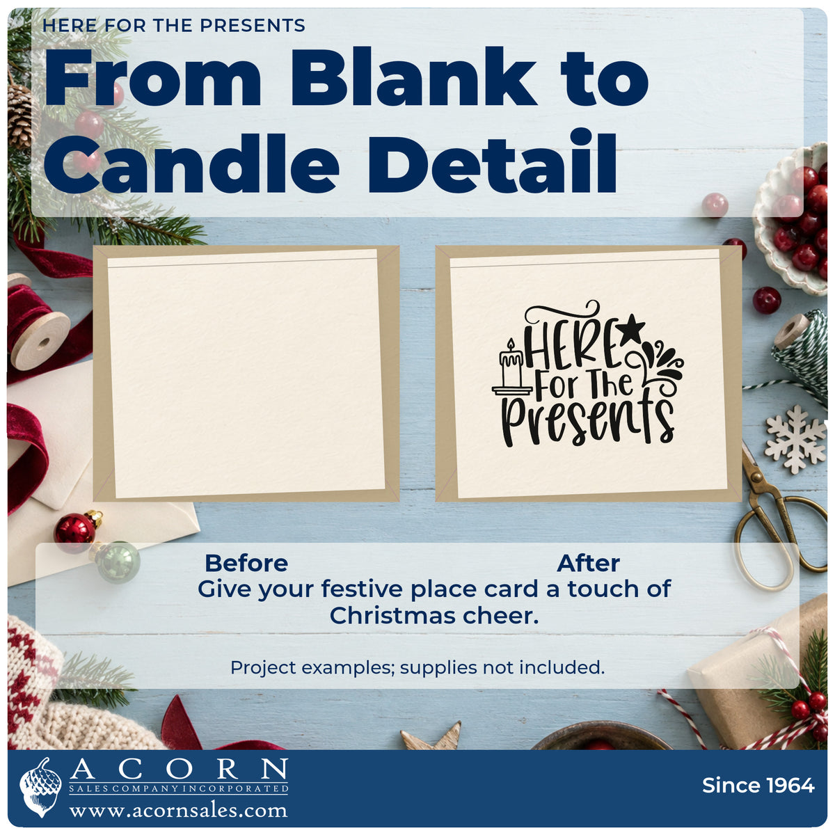 Before and after of a plain item finished with the Here For The Presents Candles Hand Stamp – Duo, a quick upgrade for framed gift corner.