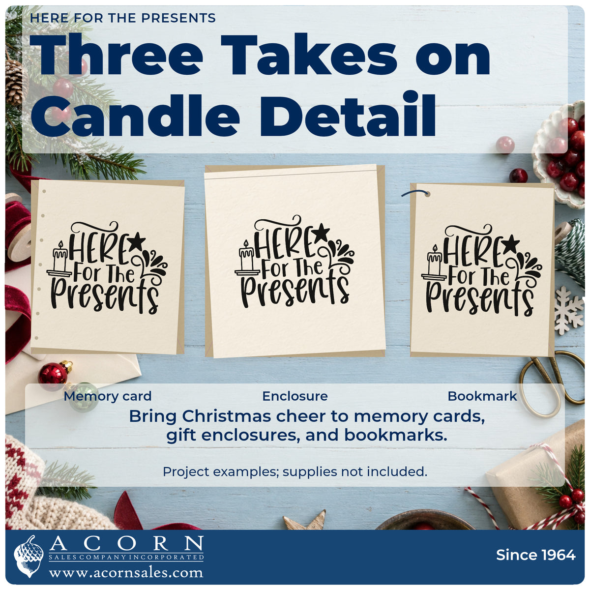 Three project examples made with the Here For The Presents Candles Stamp – Premium Vintage Pro Wooden, including wish list sheet.