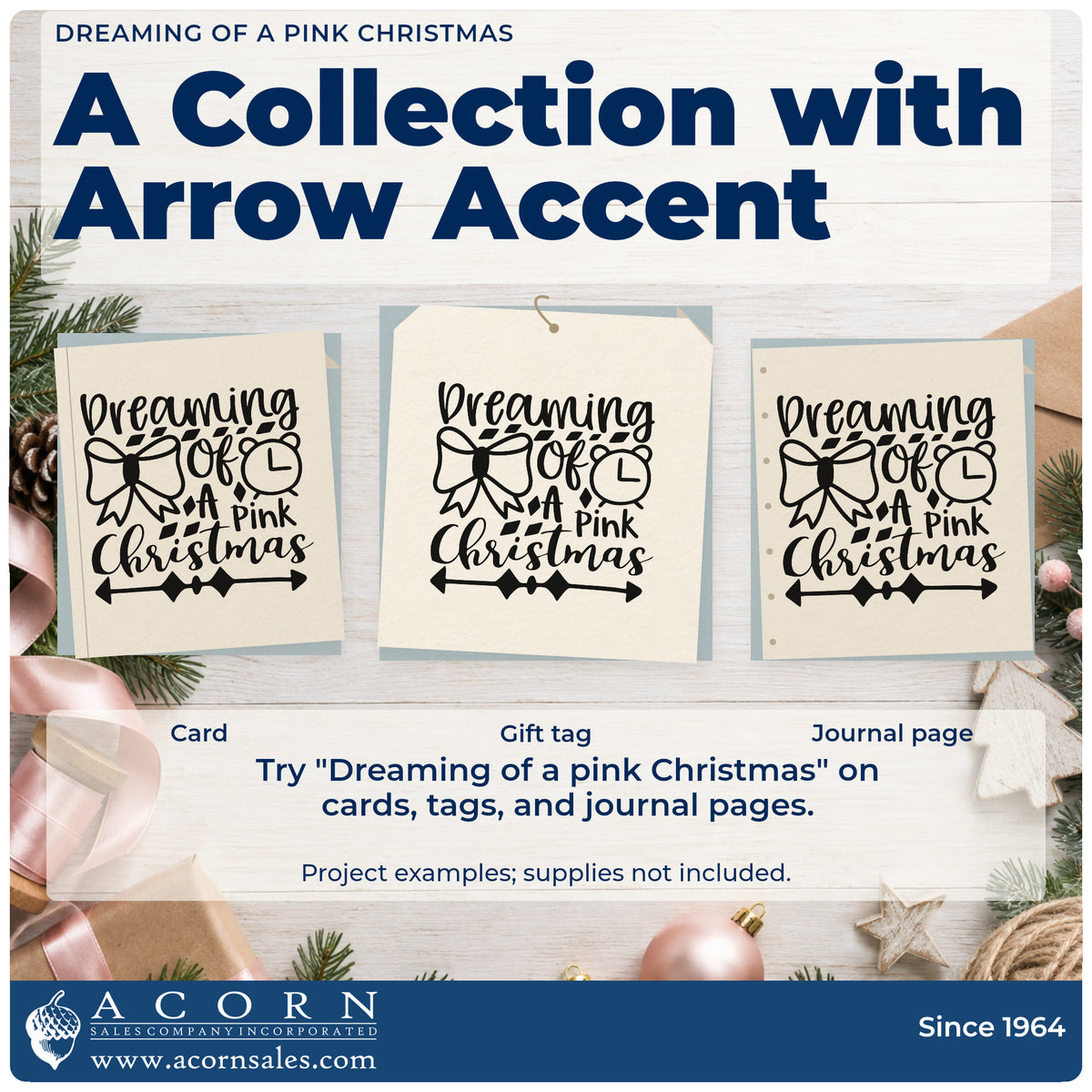 Three project examples made with the Dreaming Of A Pink Christmas Rubber Stamp – Duo Hand, including color plan sheet.
