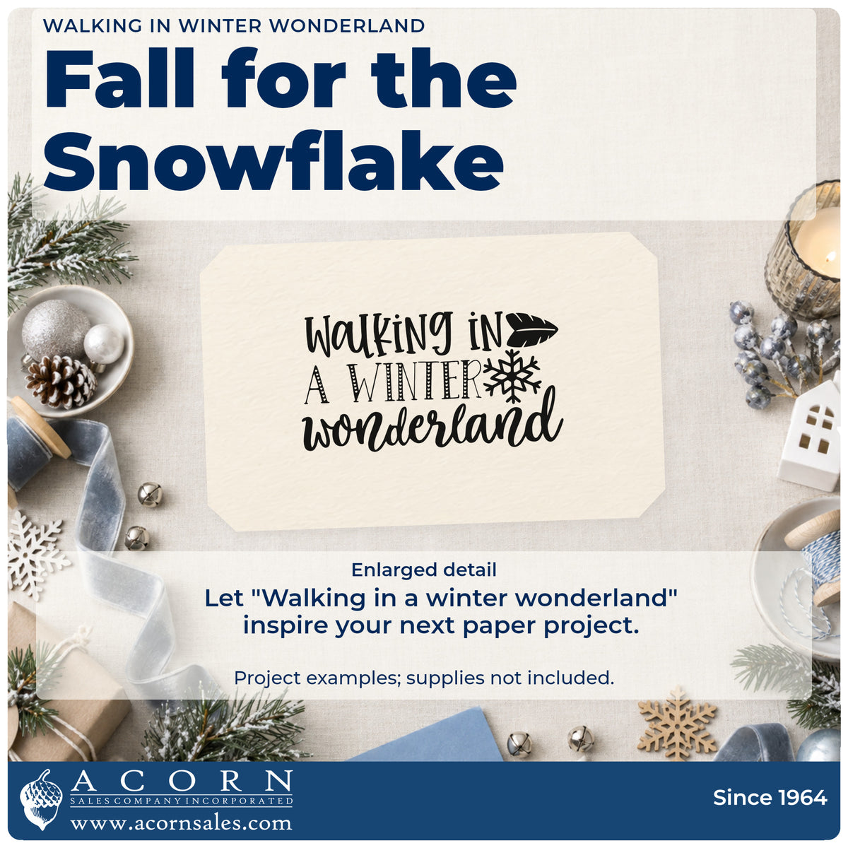 Enlarged detail of the Walking In Winter Wonderland Wood-Mounted Rubber Stamp imprint. The words "Walking in a winter wonderland" appear with a snowflake and evergreen sprig.