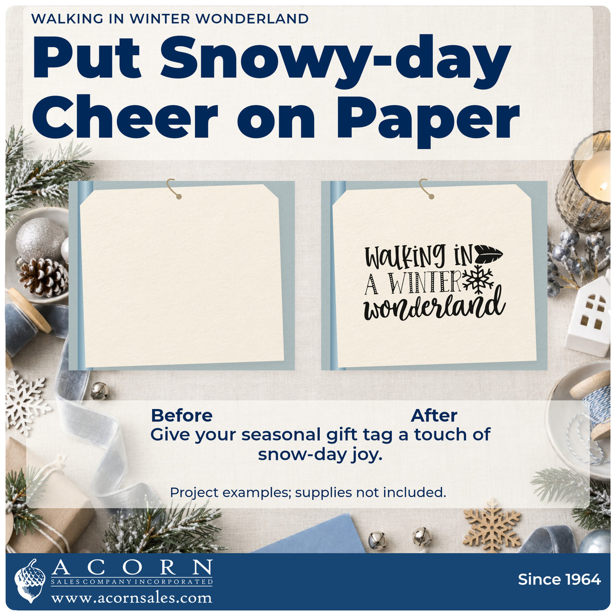 Before and after of a plain item finished with the Walking In Winter Wonderland Self-Inking Stamp, a quick upgrade for framed back door.