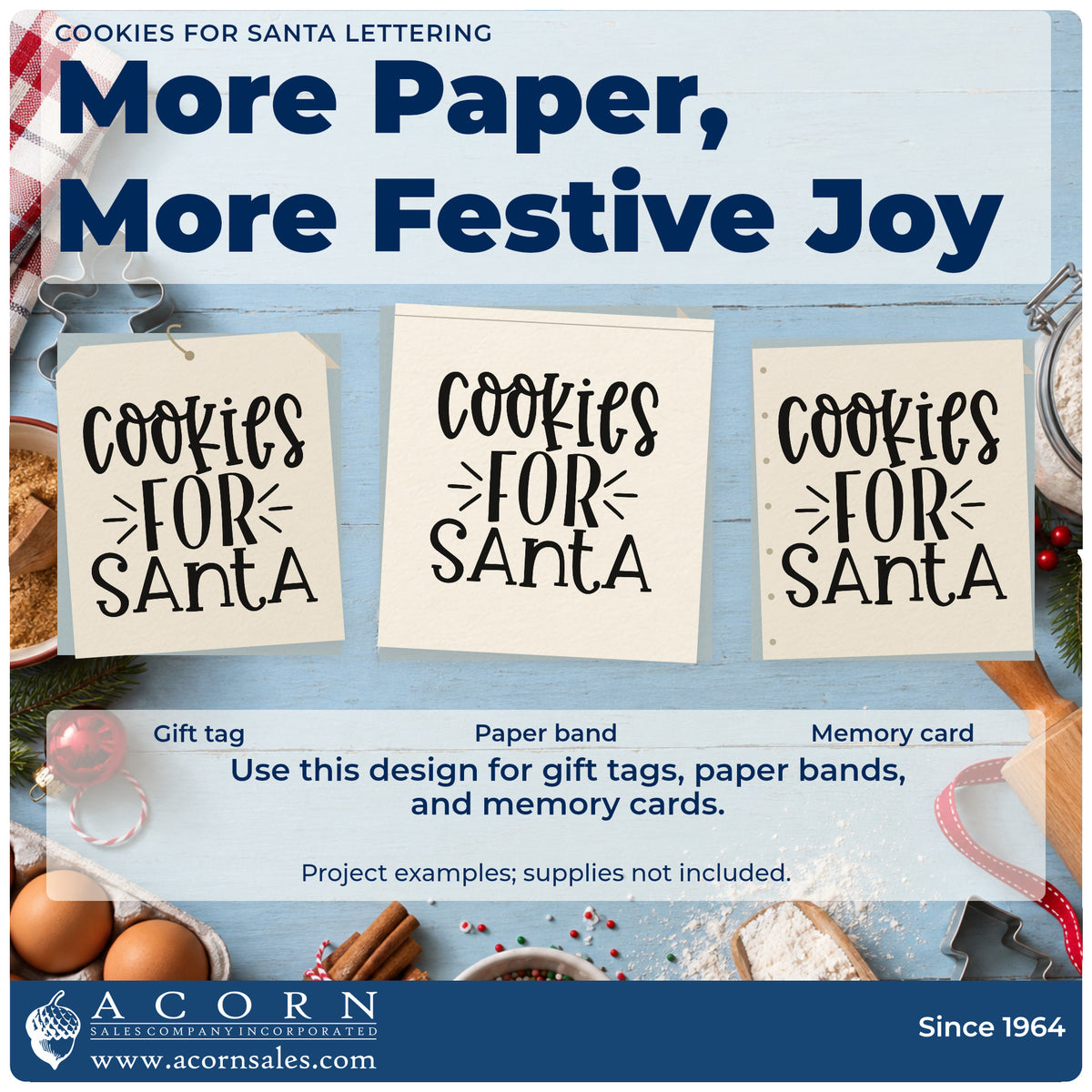 Three project examples made with the Cookies For Santa Lettering Pre-Inked Stamp – PSI, including bullet point sheet.