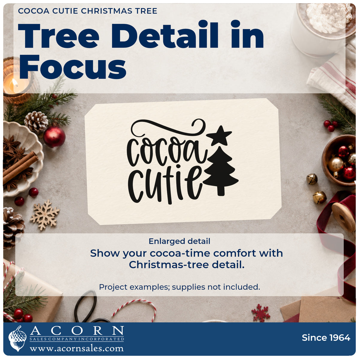 Enlarged detail of the Premium Wooden Cocoa Cutie Christmas Tree With Stars Stamp – Vintage Pro imprint. The words "Cocoa cutie" sit beside a solid Christmas tree topped by a star.