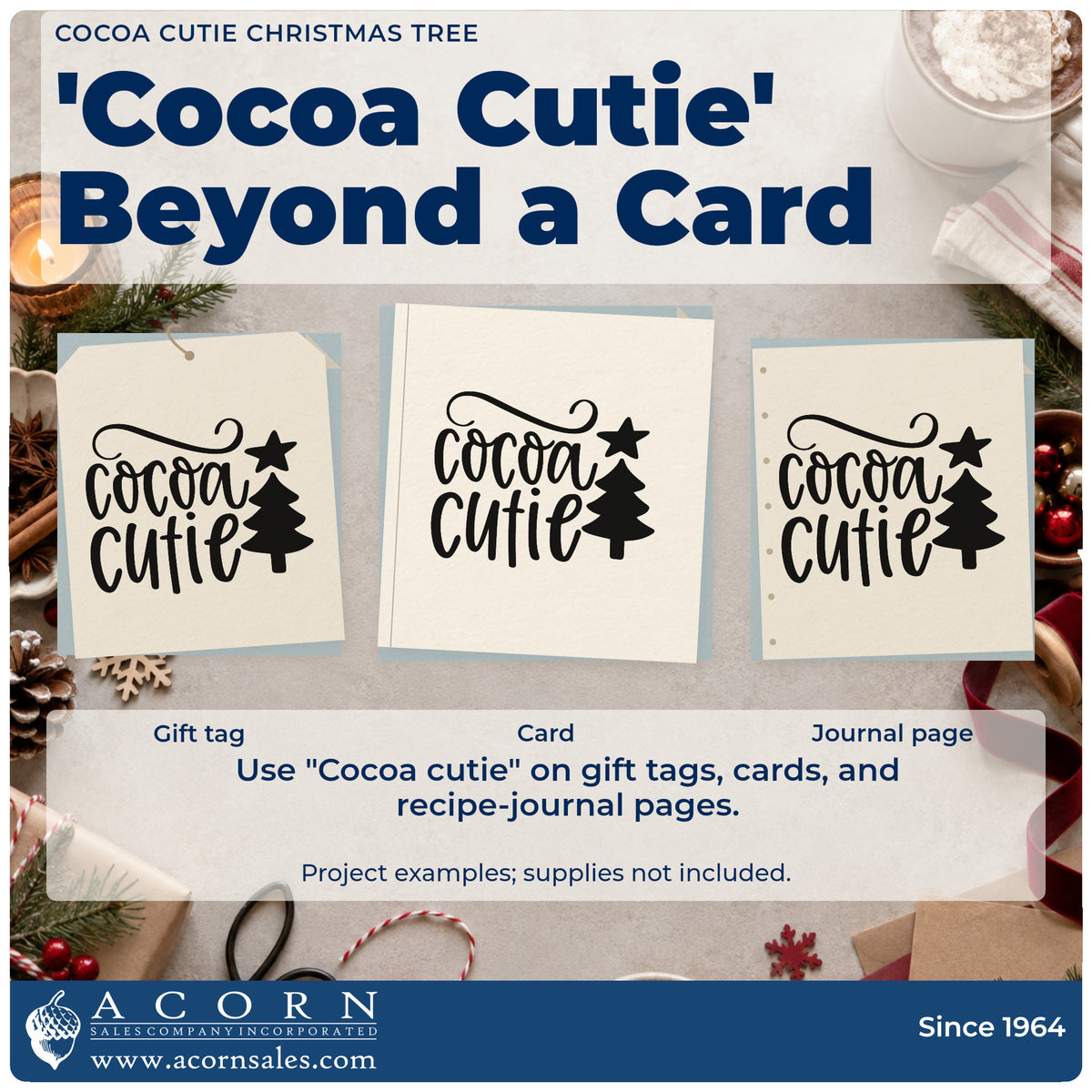 Three project examples made with the Premium Wooden Cocoa Cutie Christmas Tree With Stars Stamp – Vintage Pro, including milestone chart sheet.