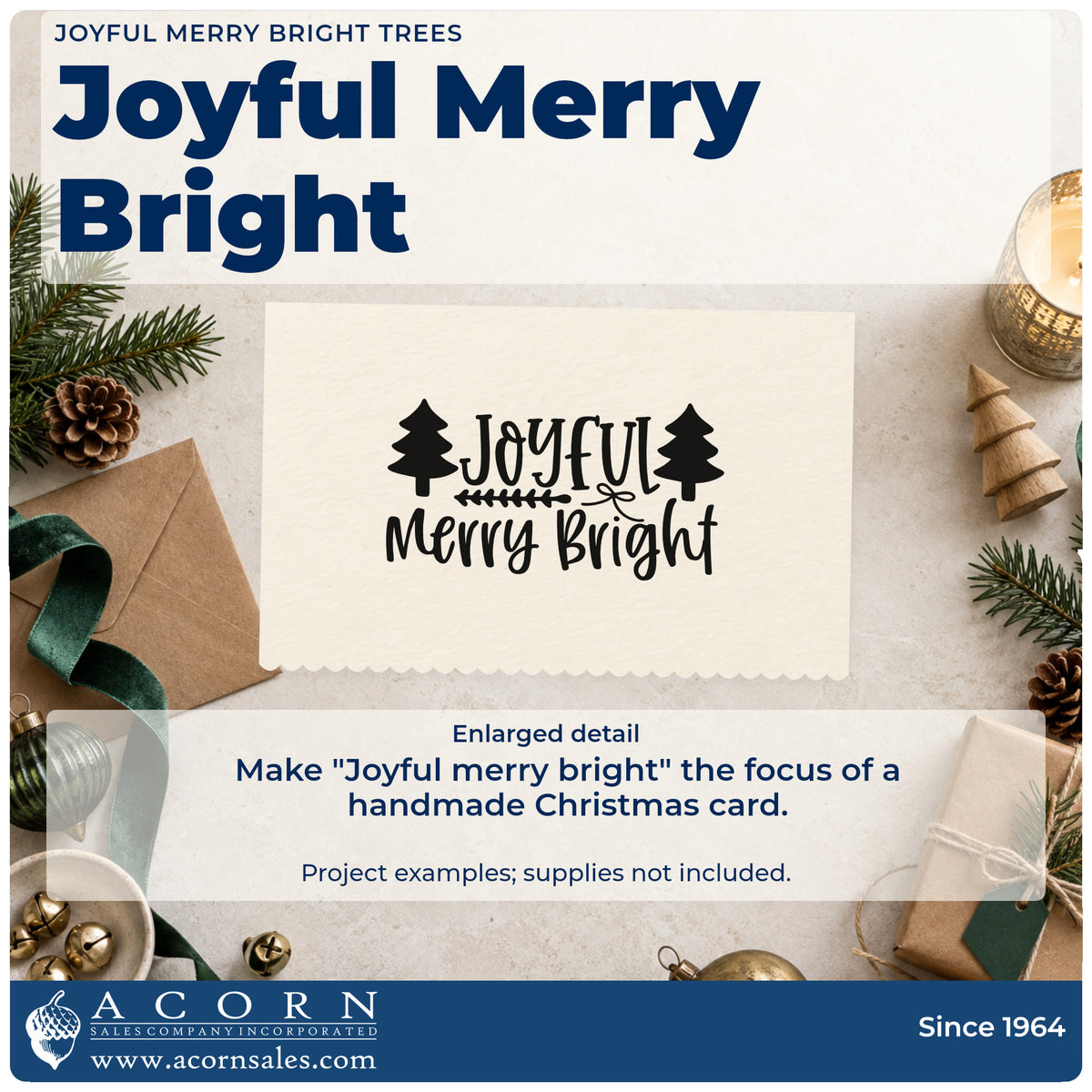 Enlarged detail of the Joyful Merry Bright Trees Self-Inking Stamp imprint. The words "Joyful merry bright" appear between two Christmas trees with an arrow divider.