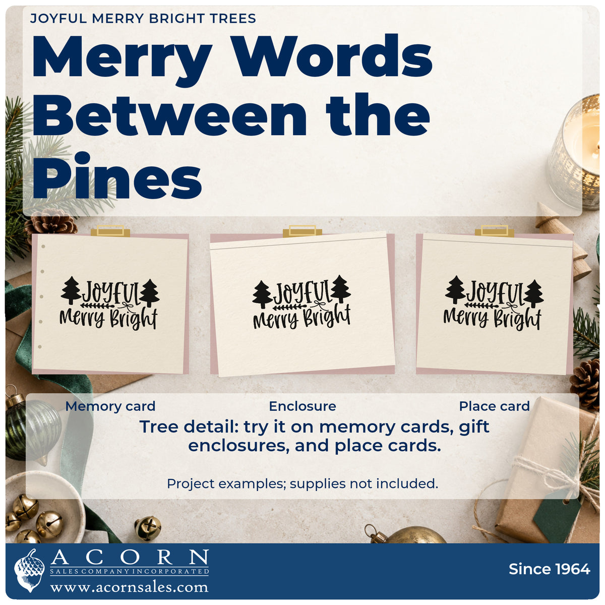 Three project examples made with the Joyful Merry Bright Trees Wood Handle Stamp, including three goal sheet.