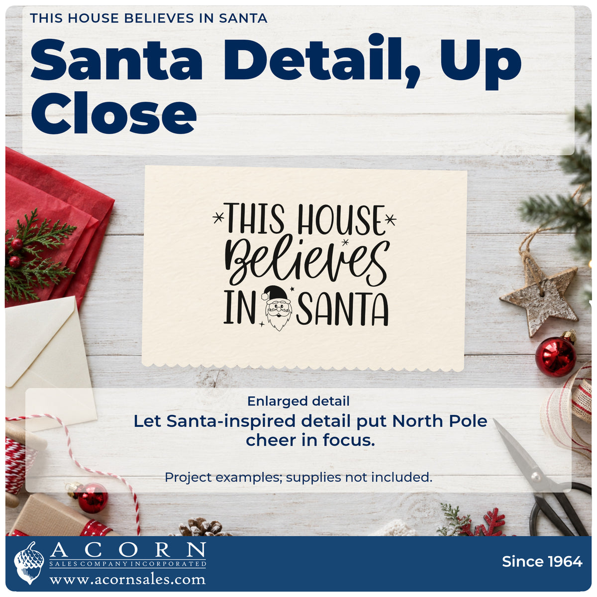 Enlarged detail of the This House Believes In Santa Stamp – Premium Vintage Pro Wooden imprint. The phrase "This house believes in Santa" includes a small Santa face and stars.
