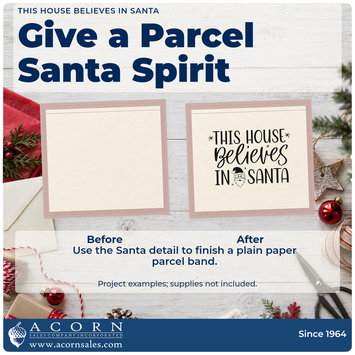 Before and after of a plain item finished with the This House Believes In Santa Hand Stamp – Duo, a quick upgrade for framed porch post.
