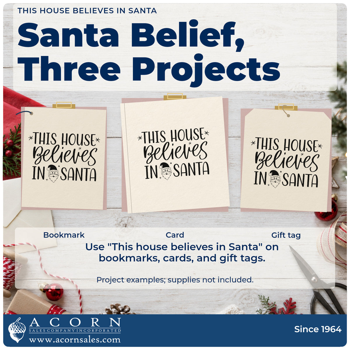 Three project examples made with the This House Believes In Santa Stamp – Premium Vintage Pro Wooden, including belief list sheet.