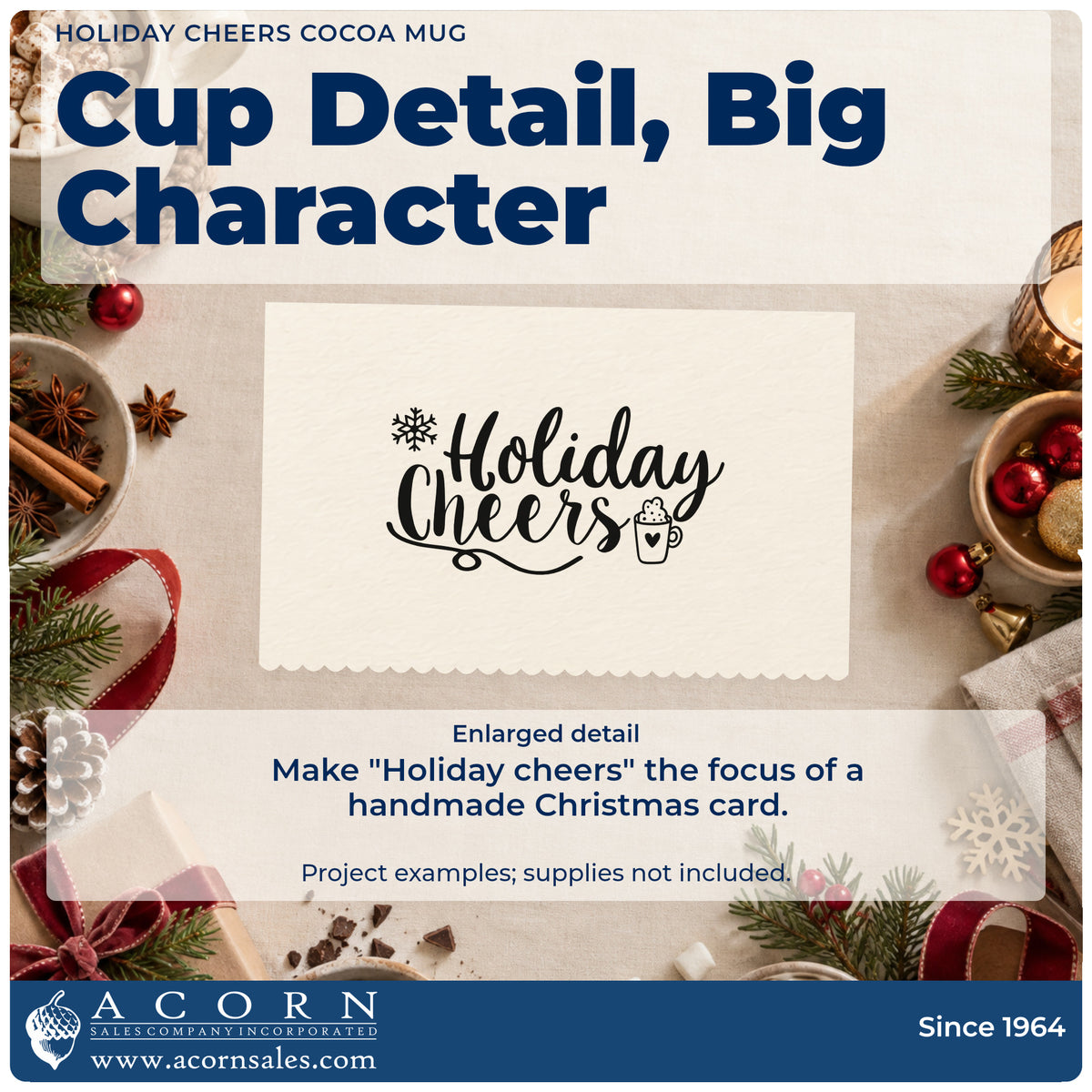 Enlarged detail of the Holiday Cheers Cocoa Mug Slim Pre-Inked Stamp imprint. The words "Holiday cheers" are decorated with a cocoa mug, snowflake, and curling underline.