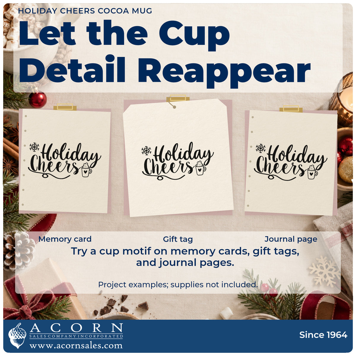 Three project examples made with the Vintage Pro Holiday Cheers Cocoa Mug Premium Wooden Stamp, including flavor test sheet.