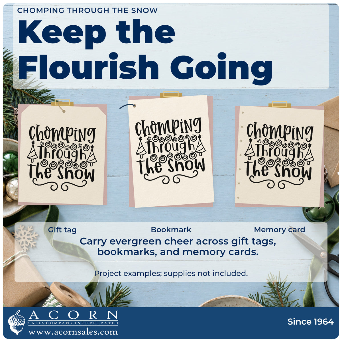 Three project examples made with the Chomping Through The Snow Tree Motif Craft Stamp – Self-Inking, including sweet rank sheet.